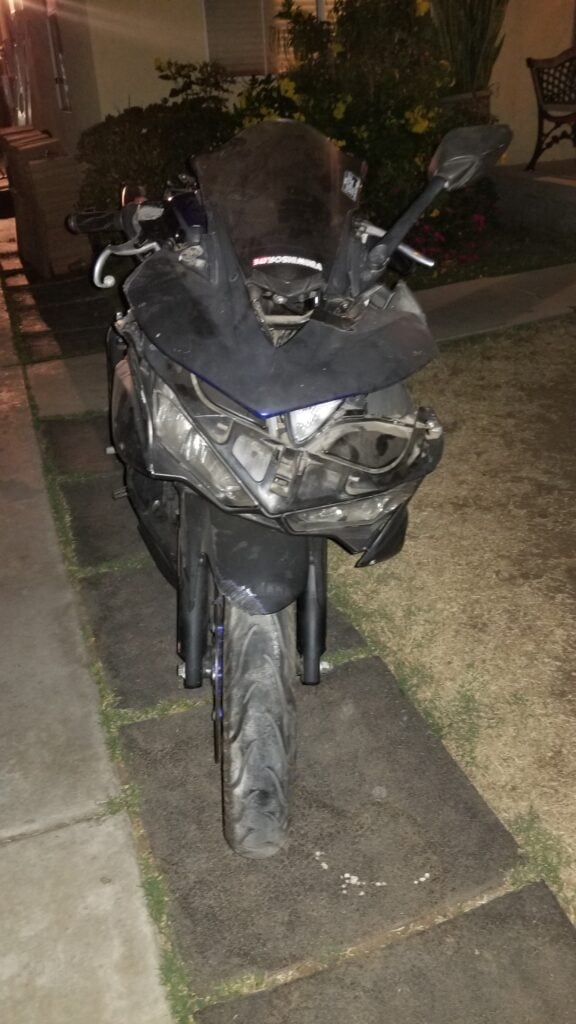 The front of the bike was smashed after the crash.