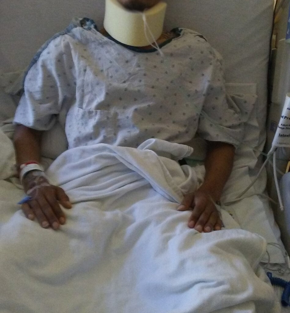 Victim hospitalized with injuries after slip and fall.