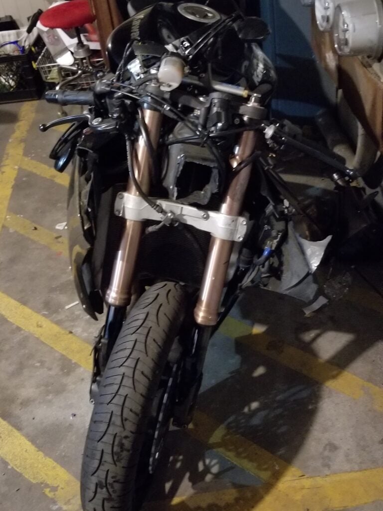 Motorcycle after crashing into a wall in Los Angeles.