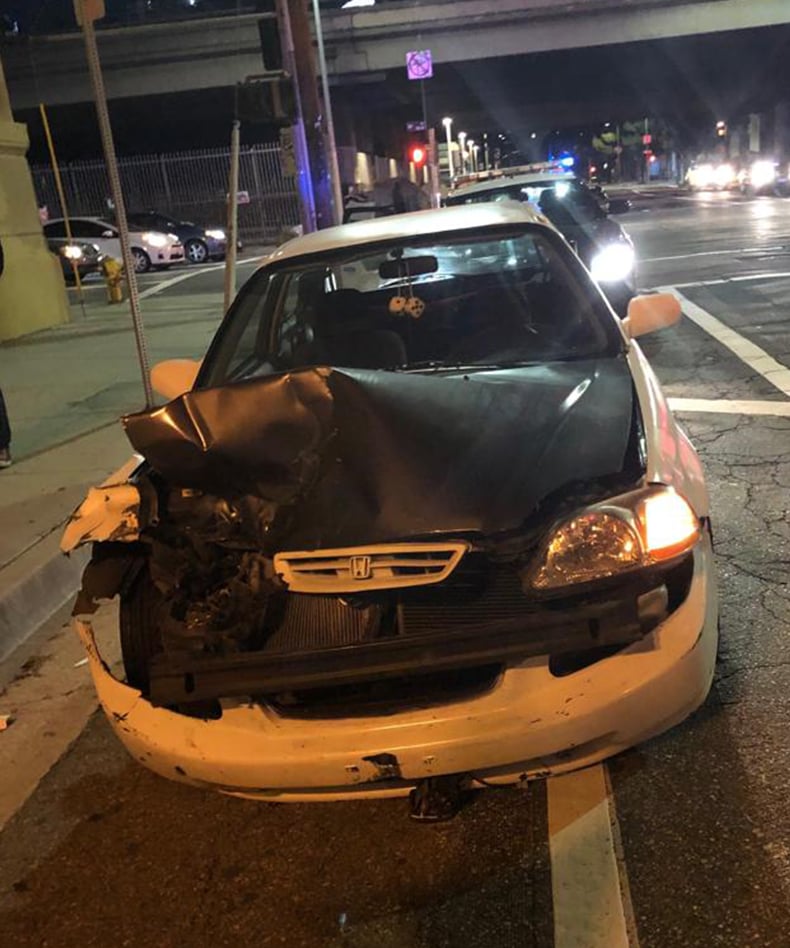 The defendant's car was also damaged after the accident on a Los Angeles street.