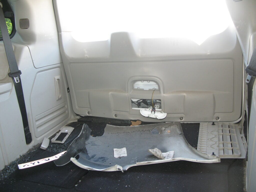 The interior of the victim's car was destroyed after being rear-ended on a Californian highway.