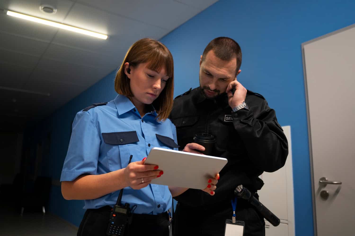 Two security officers reviewing information on a tablet in a hallway.