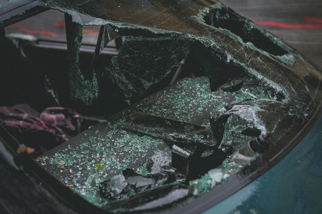 a smashed window on a car