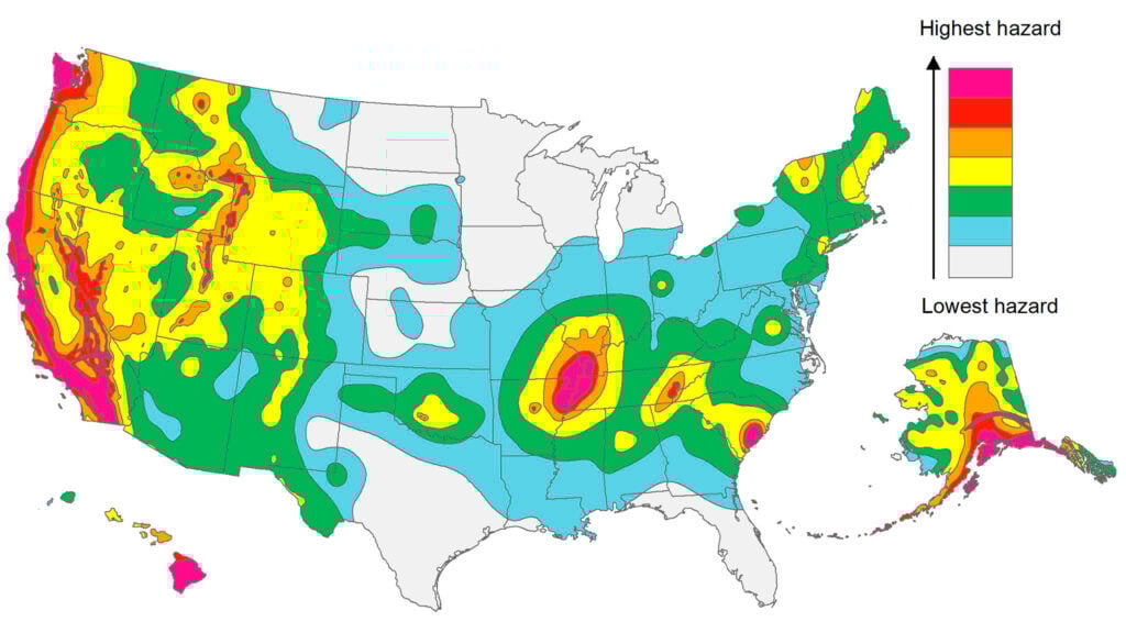 Map of earthquake hot spots in California and the United States.