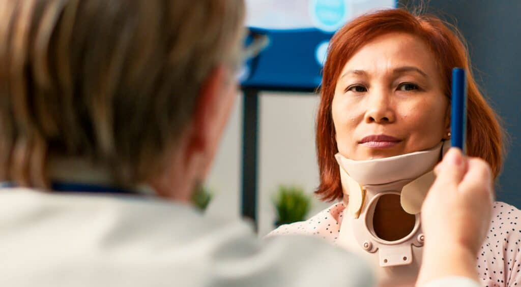Woman during a test to determine the recovery time stages of a head injury.