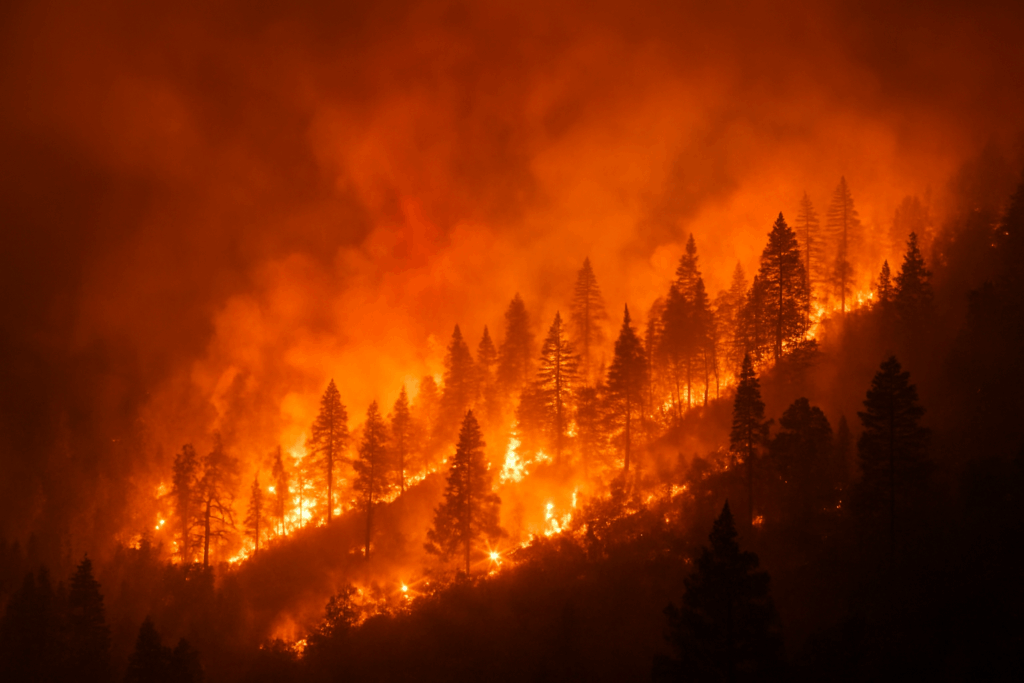 California mountain landscape showing forest devastation after a wildfire.