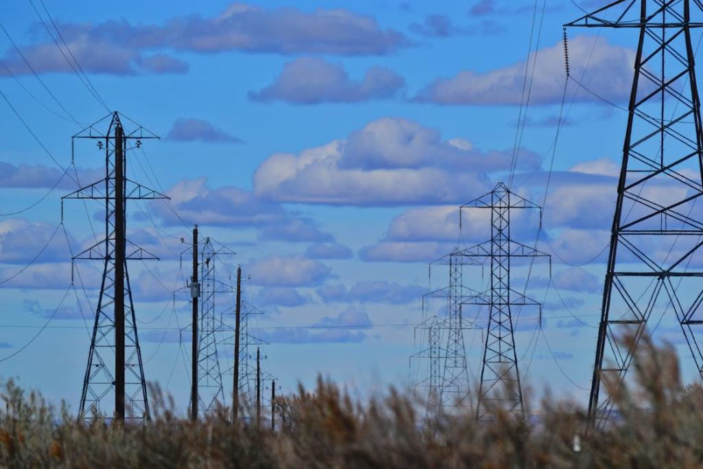 Electrical power lines in California illustrating utility company wildfire liability risks.
